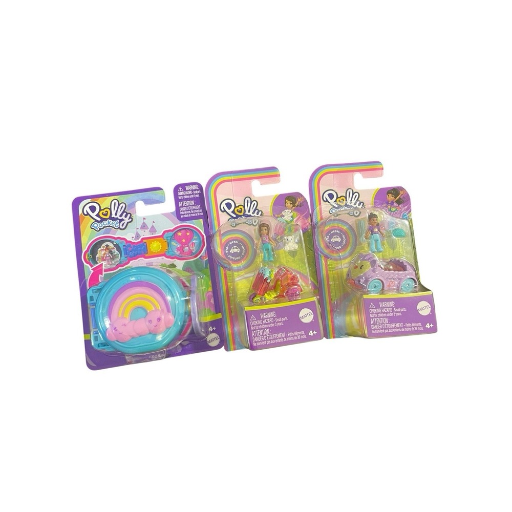 Lot Of 3 POLLY POCKET Toys Compact Metal Cars w/ Bear Hedgehog Pets